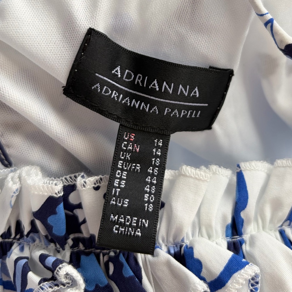 🆕🫐Adrianna Papell Blue White Floral Ruffle Midi Dress Waist Cottagecore 14 NWT - Picture 15 of 17